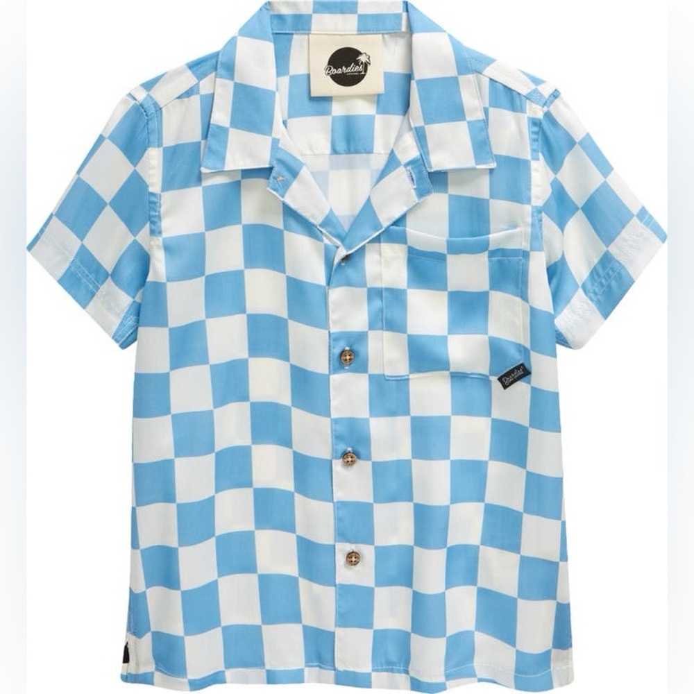 Boardies Kids Mojo Checkerborad Short Sleeve Button-Up Camp Shirt NWT Size 7-8